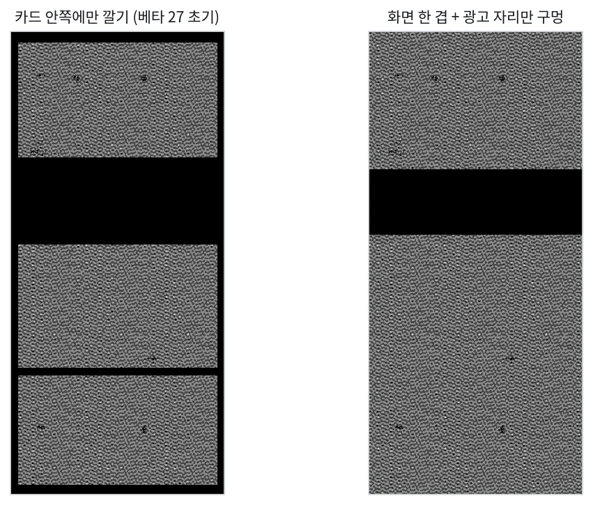 카드 안쪽에만 깐 경우와 화면 한 겹으로 덮은 경우의 차이 그림